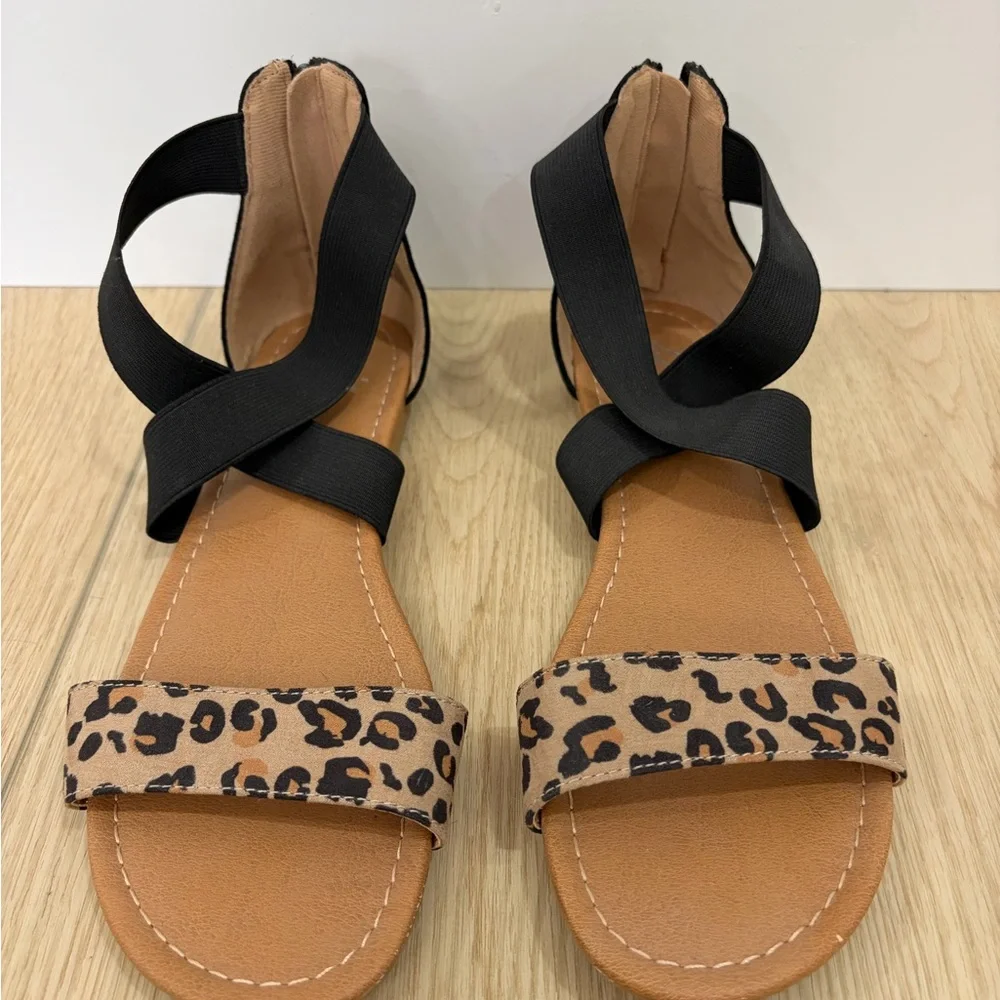 Justice Summer Vacation Animal Cheetah Print Strappy Sandal Black Tan Size 8